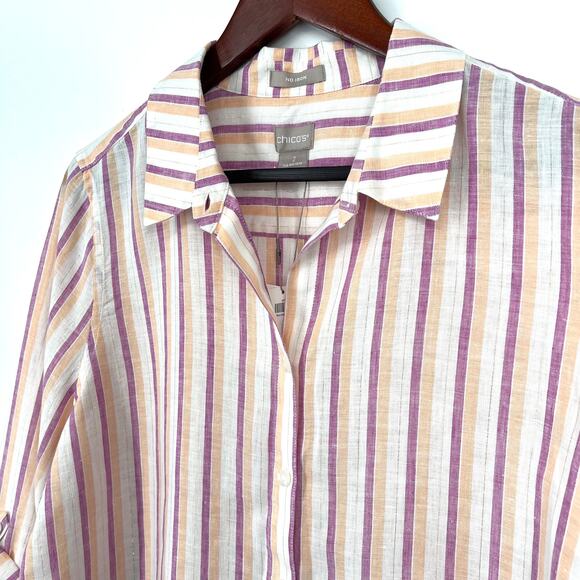 NEW NWT $99 Chicos Large 2 100% LINEN Gold Shimmer Stripe Blouse Shirt Top Beach - Picture 4 of 10